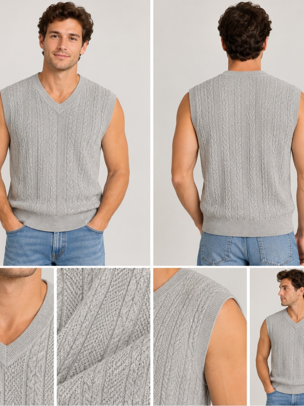 Cotton/Wool Men's Cable Knit V-Neck Sweater Vest - Gray